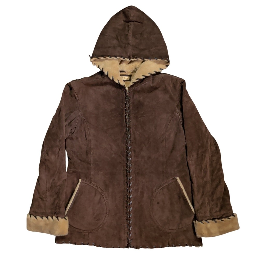 Wilsons Suede Leather Faux Fur Jacket Size Womens Size M Whipstitch Edge Hooded